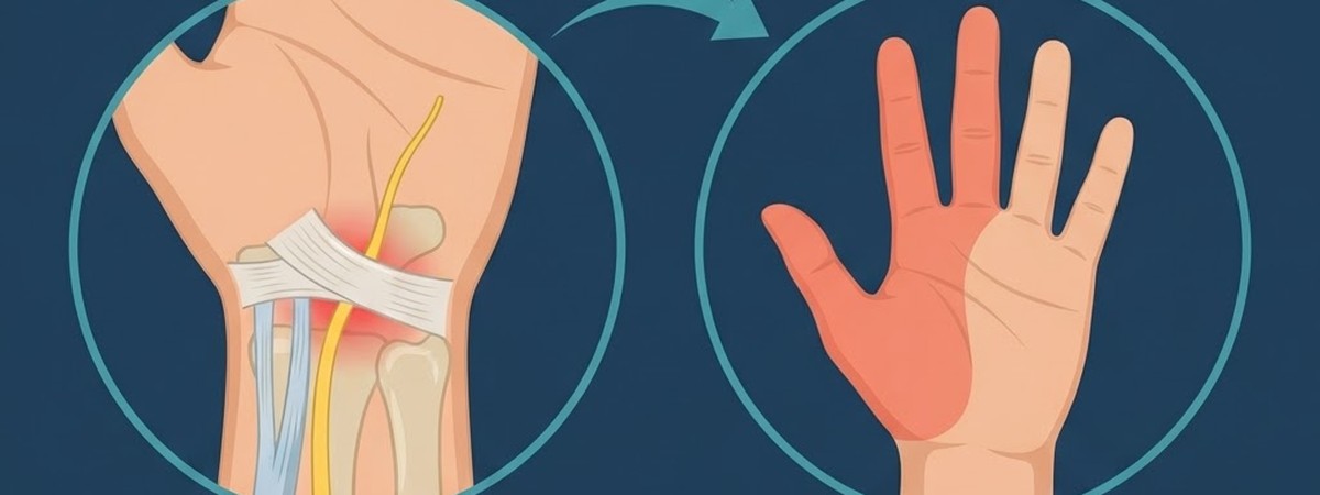 Diagram of the median nerve compressed at the wrist in carpal tunnel syndrome