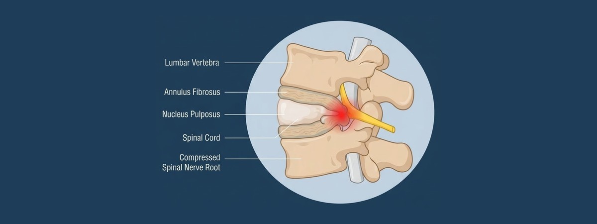 Diagram of a herniated disc pressing against a spinal nerve root