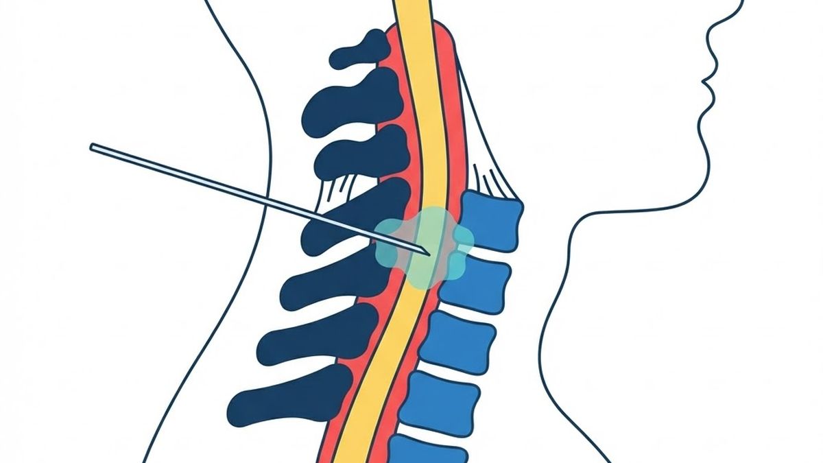 Medical diagram illustrating a cervical epidural steroid injection in the neck