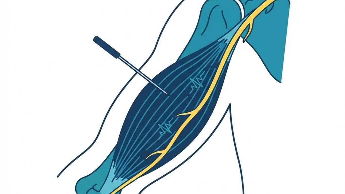 Medical diagram illustrating electromyography with a needle electrode in a muscle