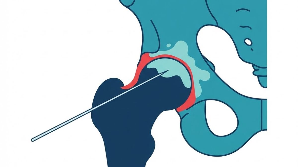 Medical diagram illustrating a fluoroscopic guided hip injection