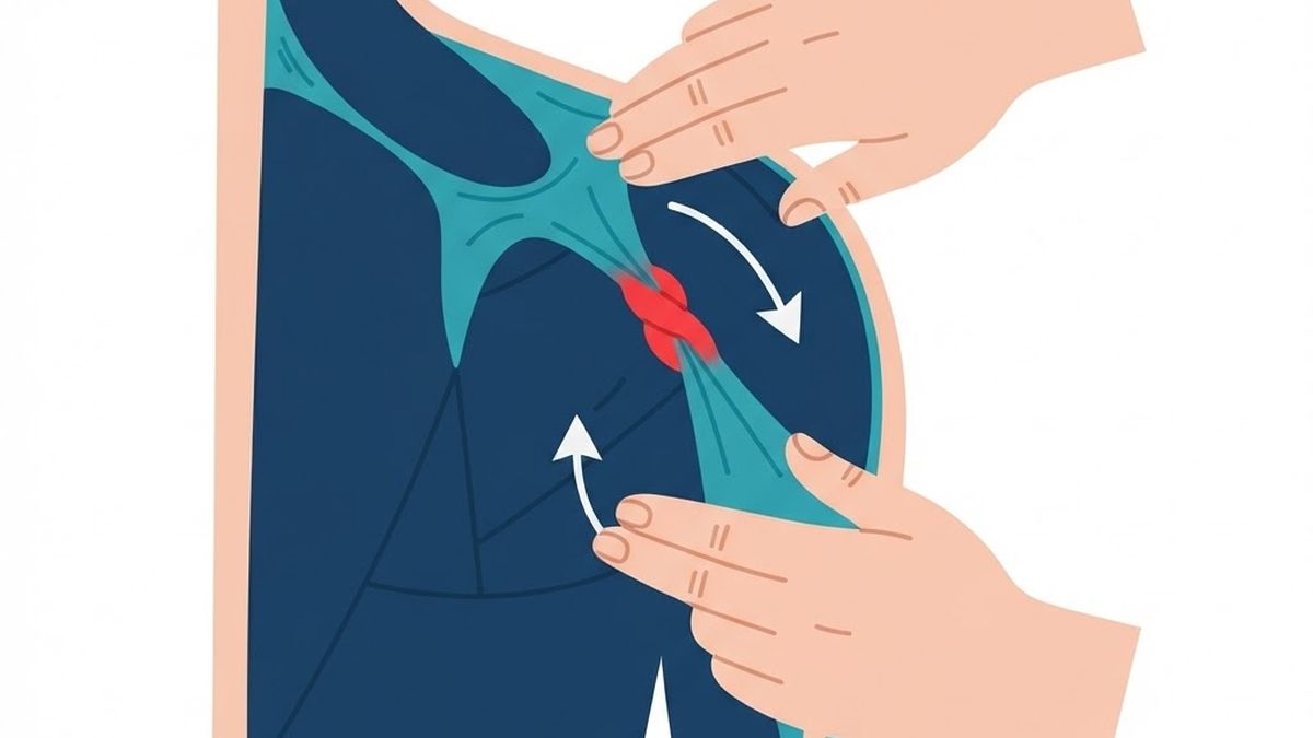 Medical diagram illustrating myofascial release therapy on muscle fascia