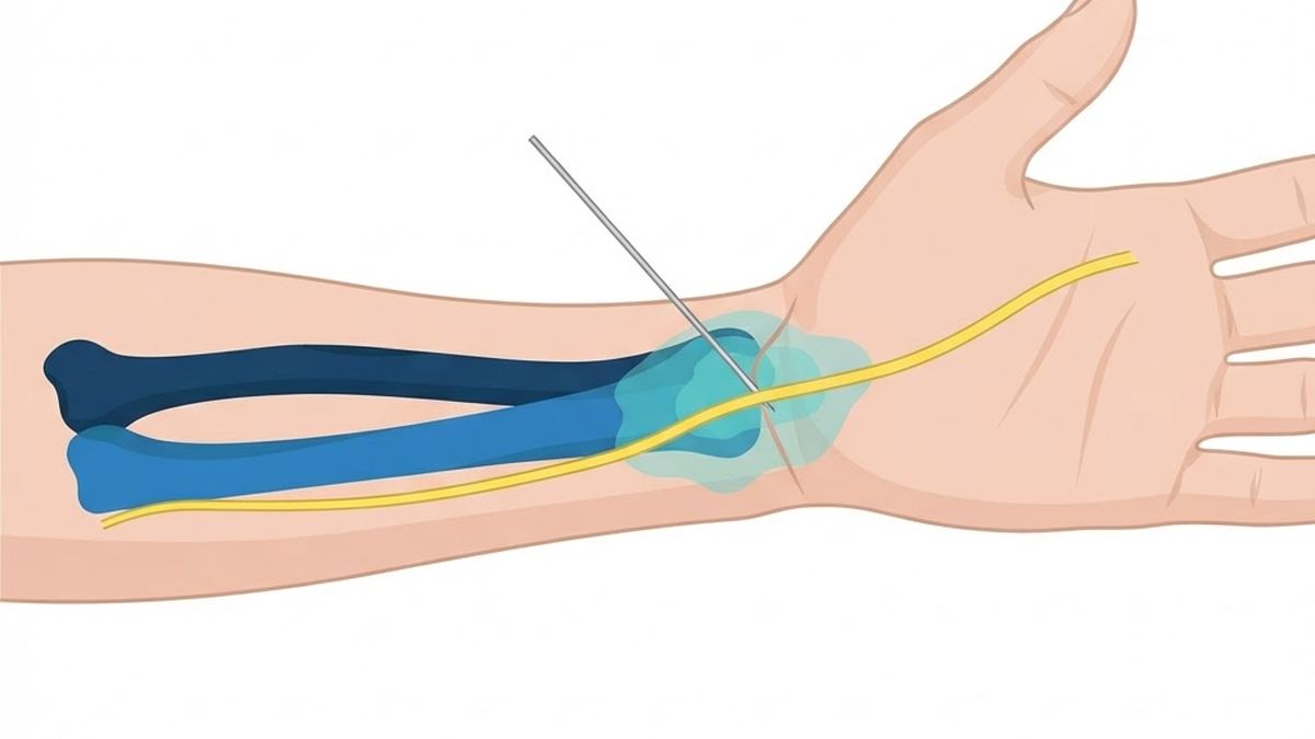 Medical diagram illustrating a radial nerve block at the wrist