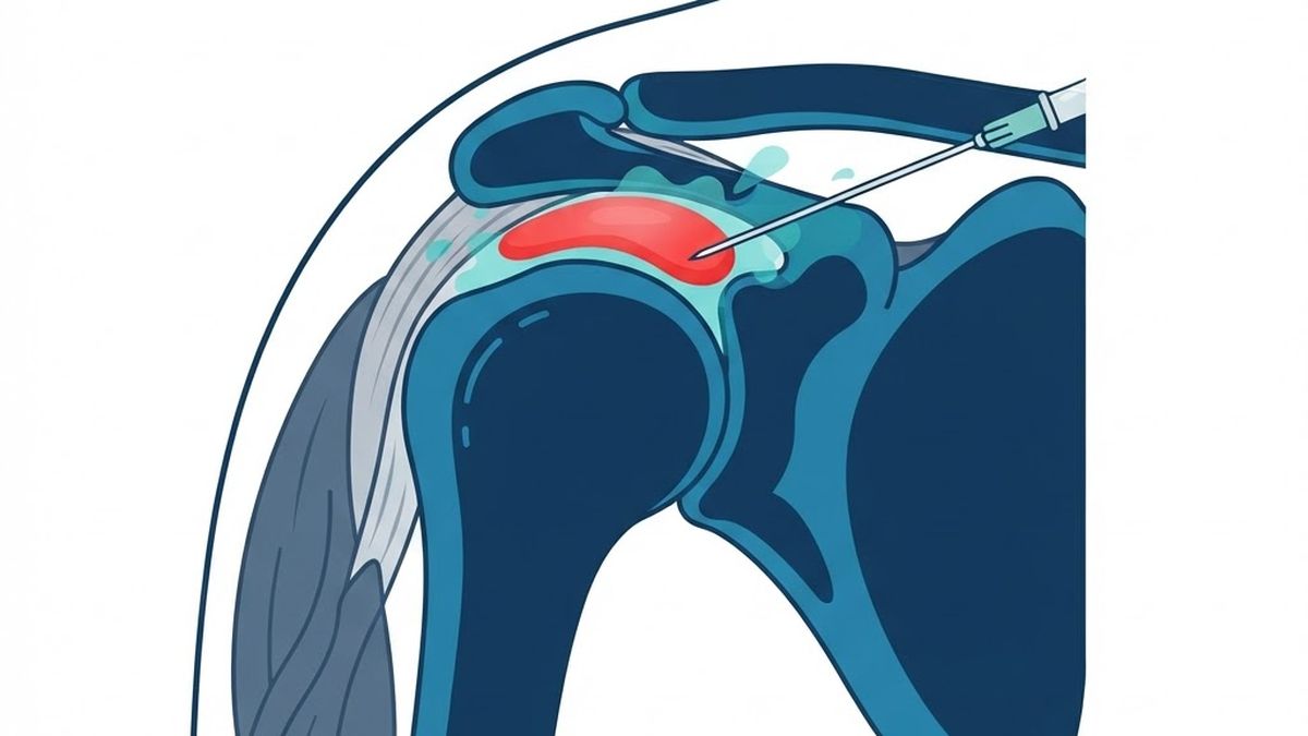 Medical diagram illustrating a subacromial injection into the bursa space below the acromion