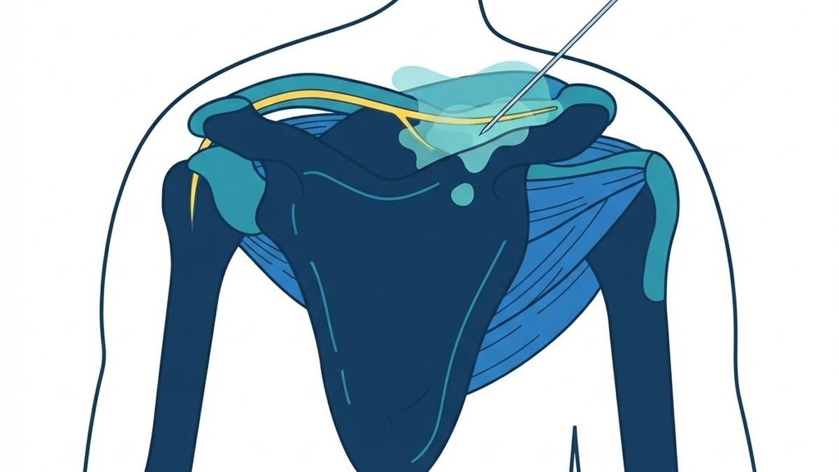 Medical diagram illustrating a suprascapular nerve block at the top of the shoulder blade