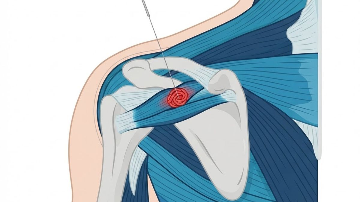 Medical diagram illustrating a trigger point injection into a muscle knot in the shoulder