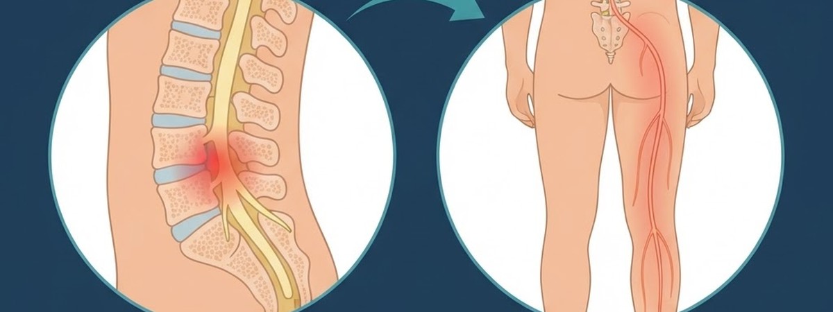 Diagram of a herniated disc pressing on the sciatic nerve, with pain radiating down the leg