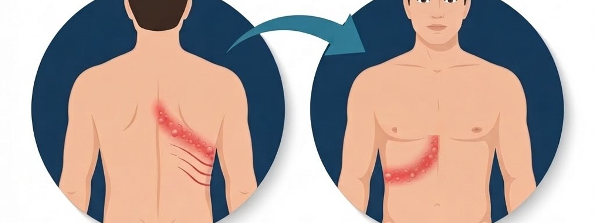 Diagram of a shingles rash following a nerve path from the spine around one side of the torso