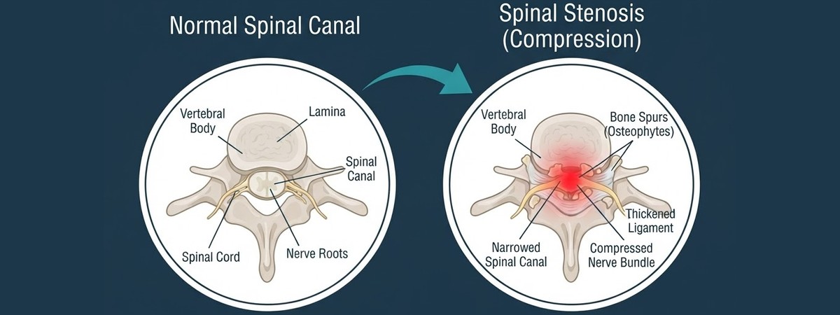 Diagram of spinal stenosis narrowing the spinal canal
